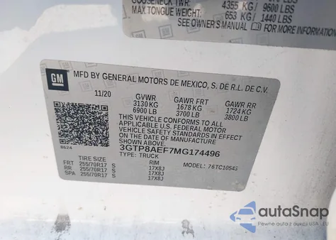 2021 GMC Sierra 1500 2Wd Short Box z USA, uszkodzony, nr VIN 3GTP8AEF7MG174496